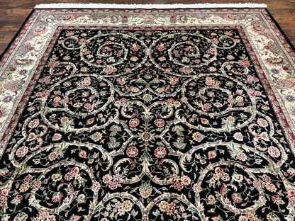Black Pak Persian Rug 8x11, Floral Pattern, Hand Knotted Vintage Wool Rug with Silk Highlights, Fine 200 KPSI - Nuvé