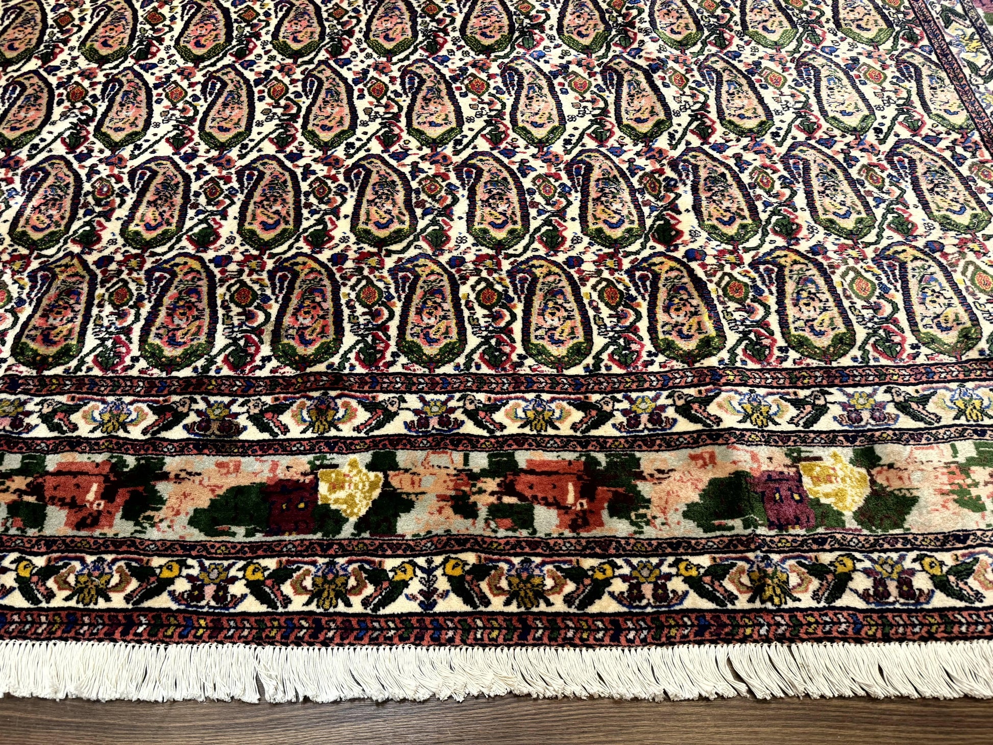 Persian Rug 8x11, Boteh Design, Repeated Paisleys, Persian Kurdish Rug, Bird Pictorials, Rare Antique Persian Kurdish Sannadaji Carpet - Nuvé