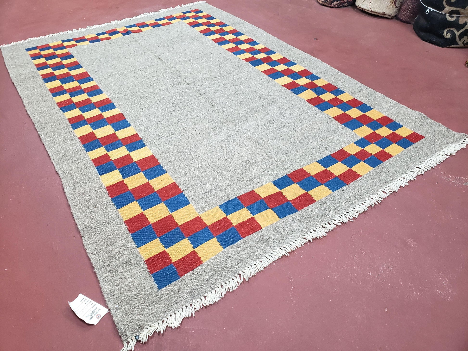 New Turkish Kilim Area Rug, Gray Carpet With Colorful Checker Border, 5'6" x 8", Flatweave Carpet, Playroom Rug, Kids Room Rug, Hand-Knotted - Nuvé