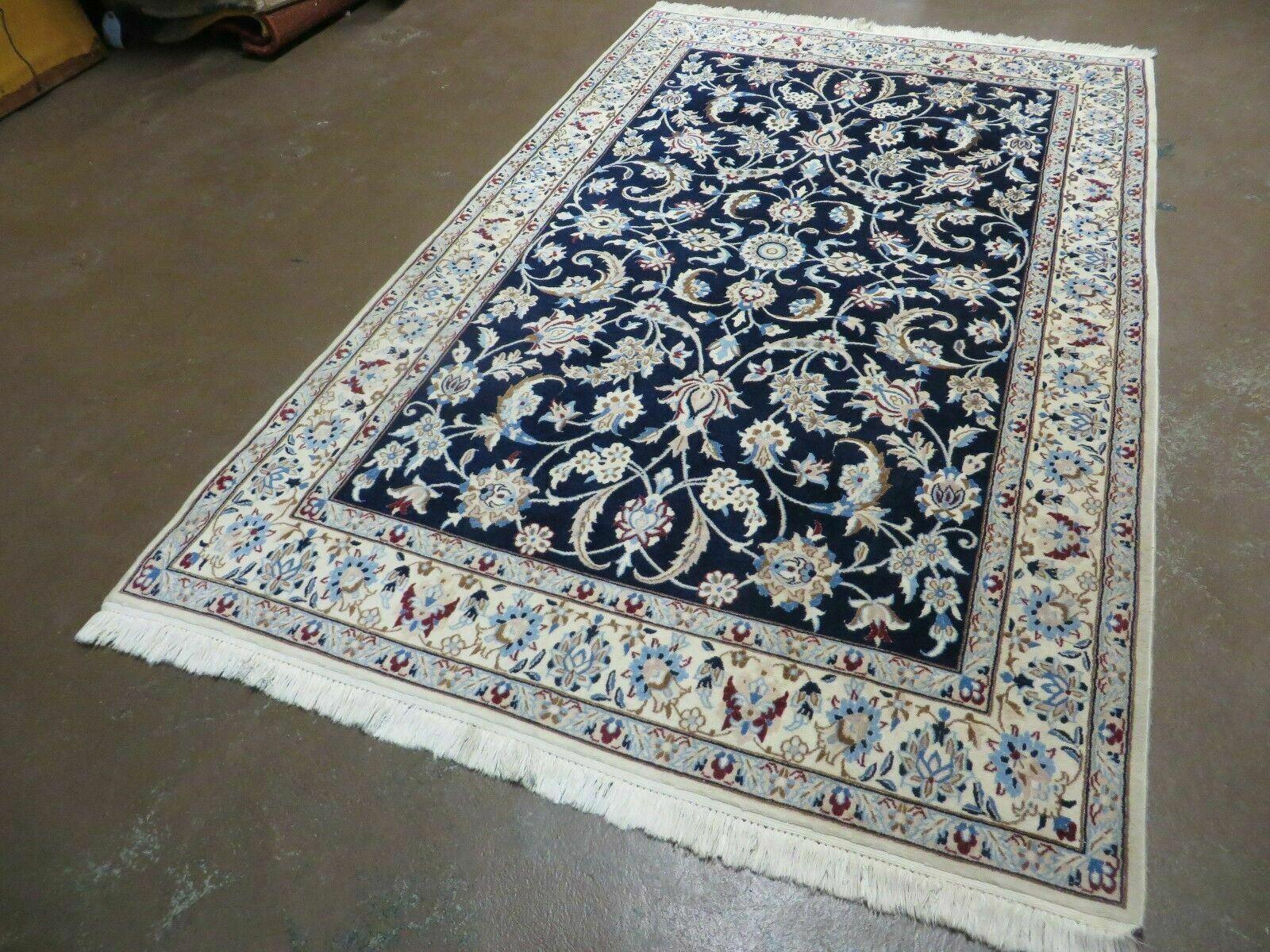 Persian Nain Rug 4x7, Navy Blue and Ivory, Handmade, Wool & Silk Highlights, Fine Oriental Rug, Vintage - Nuvé
