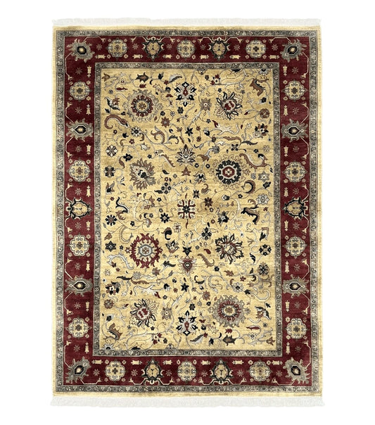 Indo Persian Mahal Rug 8x12, Wool Hand Knotted Oriental Carpet, Light Gold and Burgundy, Floral Allover, Vintage Room Sized Area Rug 8 x 12