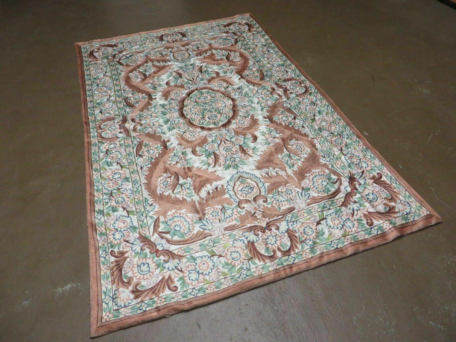 4' X 6' Vintage Embroidery Hand Stitched Rug Silk On Cotton India Backing Nice - Nuvé