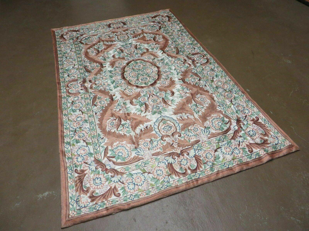 4' X 6' Vintage Embroidery Hand Stitched Rug Silk On Cotton India Backing Nice