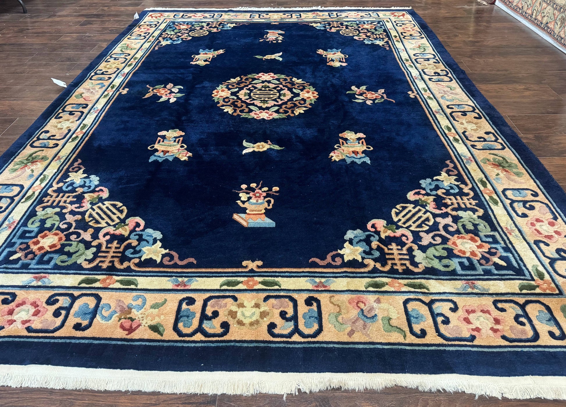 Chinese Wool Rug 8x11, Navy Blue and Beige, Simple Design, Fete Carpet - Nuvé