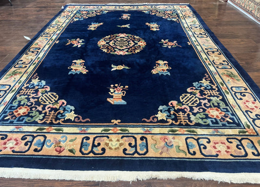 Chinese Wool Rug 8x11, Navy Blue and Beige, Simple Design, Fete Carpet - Nuvé