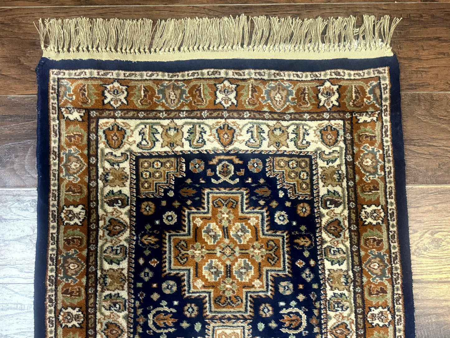 Indo Persian Runner Rug 2.6 x 12.7, Indian Kashmiri Runner for Hallway or Kitchen, Navy Blue, Geometric Medallions, Handmade Wool - Nuvé