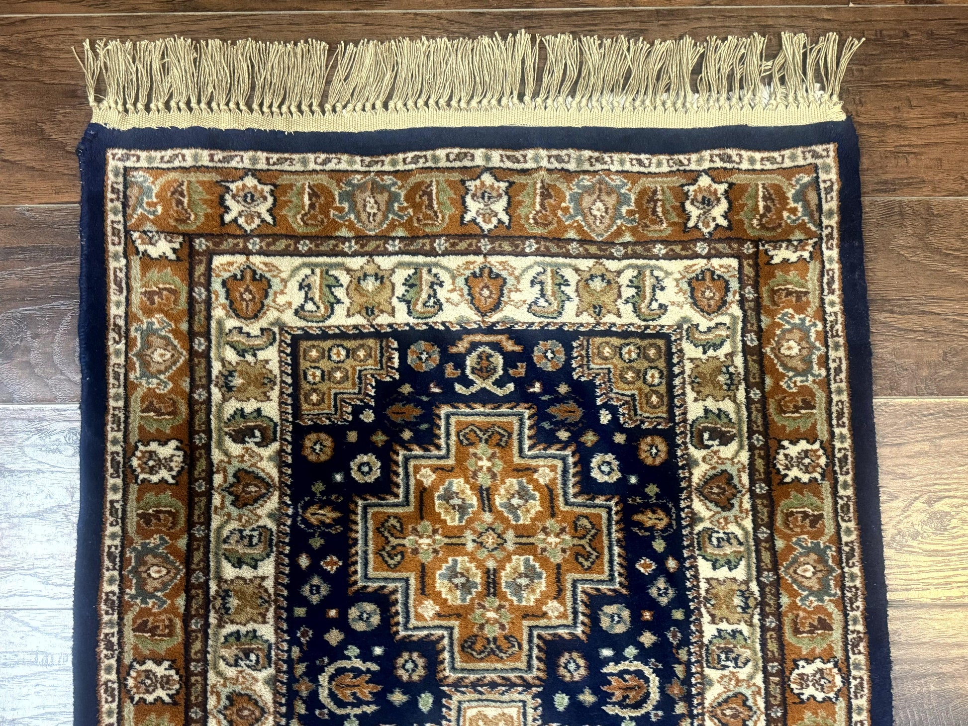 Indo Persian Runner Rug 2.6 x 12.7, Indian Kashmiri Runner for Hallway or Kitchen, Navy Blue, Geometric Medallions, Handmade Wool - Nuvé