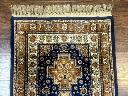 Indo Persian Runner Rug 2.6 x 12.7, Indian Kashmiri Runner for Hallway or Kitchen, Navy Blue, Geometric Medallions, Handmade Wool - Nuvé