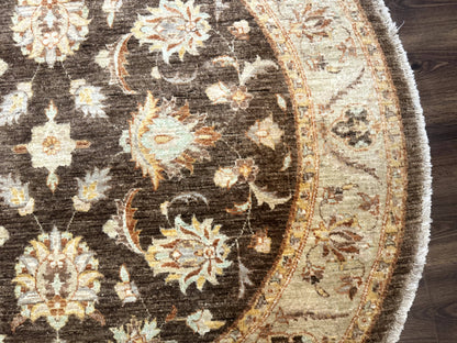 Round Pakistani Rug 6x6, Brown and Beige, Floral, Peshawar Rug, Traditional - Nuvé