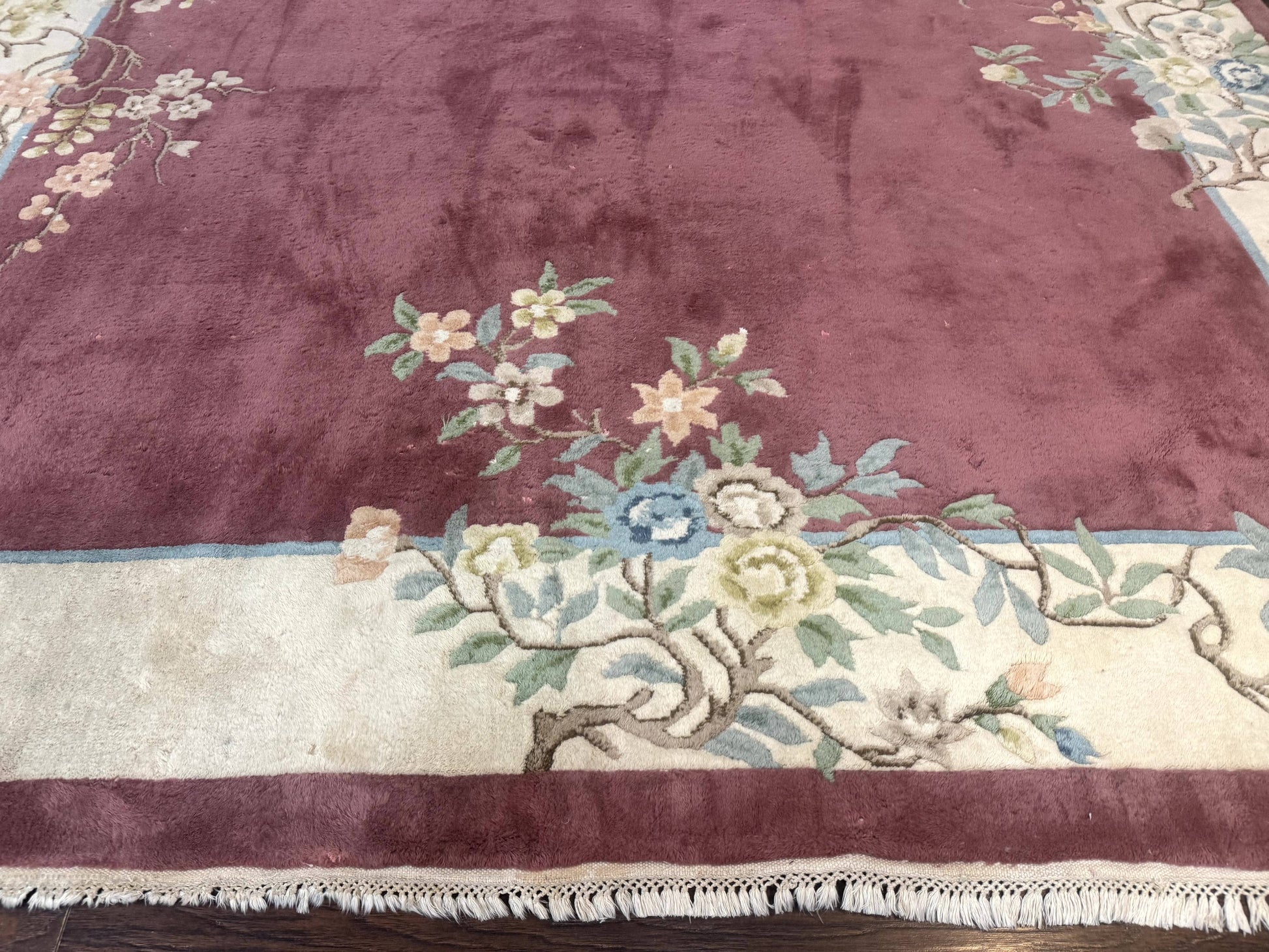 Indo Chinese Art Deco Rug 9x12, Pink and Ivory, Open Filed, Floral, Wool - Nuvé