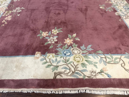 Indo Chinese Art Deco Rug 9x12, Pink and Ivory, Open Filed, Floral, Wool - Nuvé