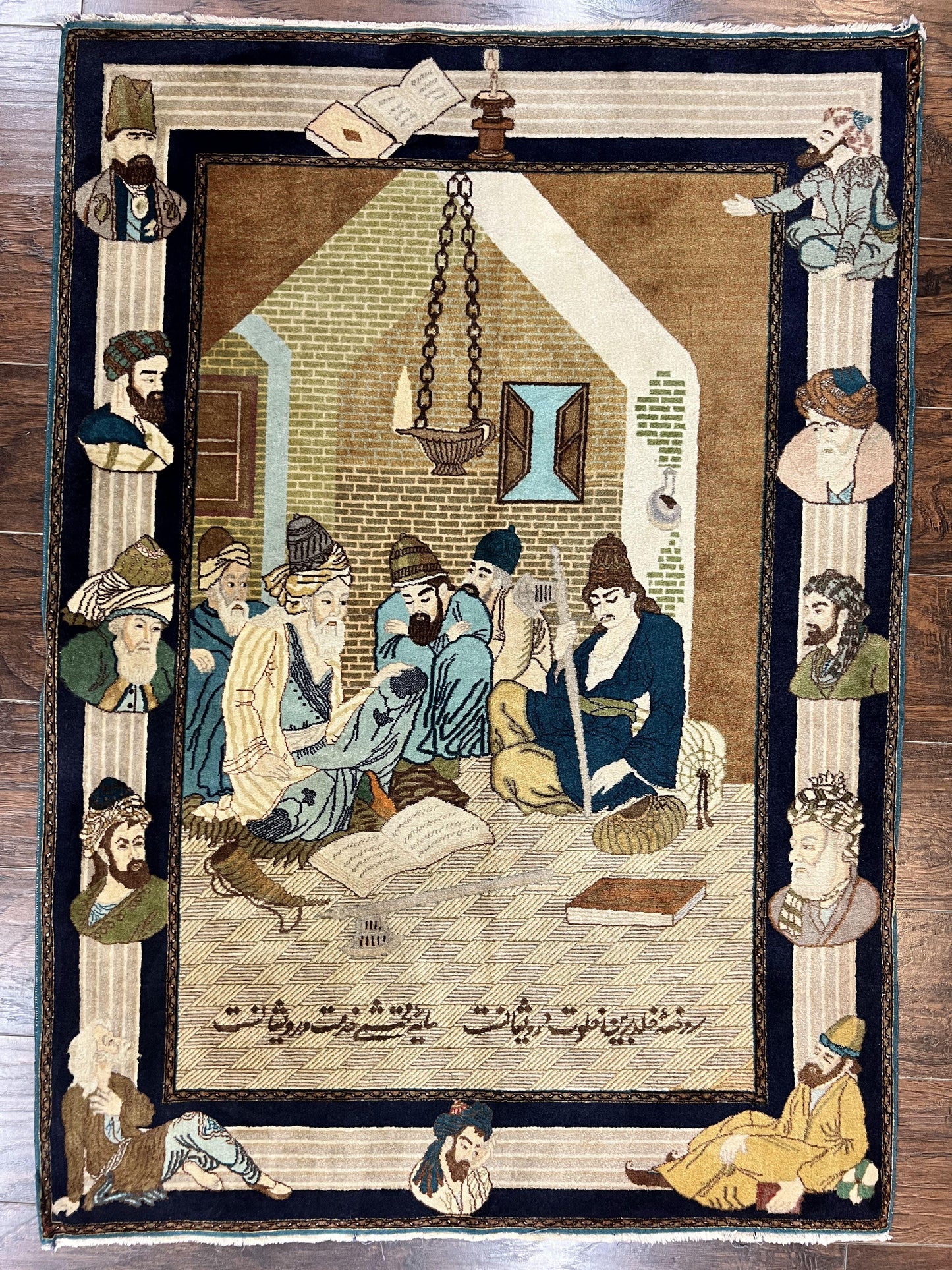 Persian Tabriz Pictorial Rug 3x5, Wall Hanging Carpet, Very Fine 60 Raj 475 KPSI, Hand Knotted Vintage Semi Antique, Wool, Persian Poetry - Nuvé