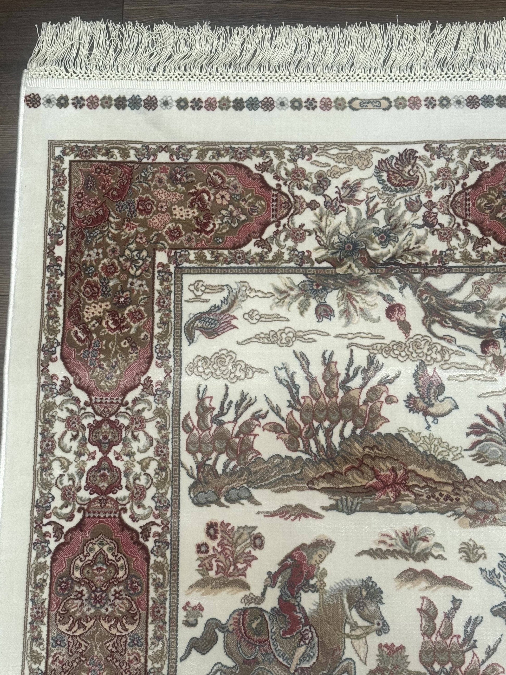 Turkish Silk Runner Rug 2.6 x 8, Hunting Design, Ivory, Bamboo Silk, New - Nuvé
