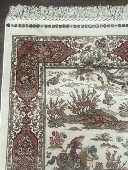 Turkish Silk Runner Rug 2.6 x 8, Hunting Design, Ivory, Bamboo Silk, New - Nuvé
