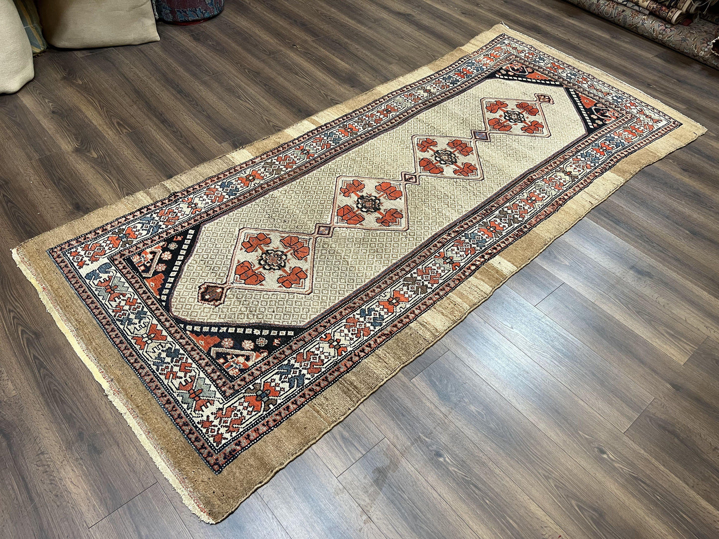 Rare Persian Sarab Tribal Runner Rug 4 x 10, Antique, Geometric Medallions, Camel Hair Runner - Nuvé