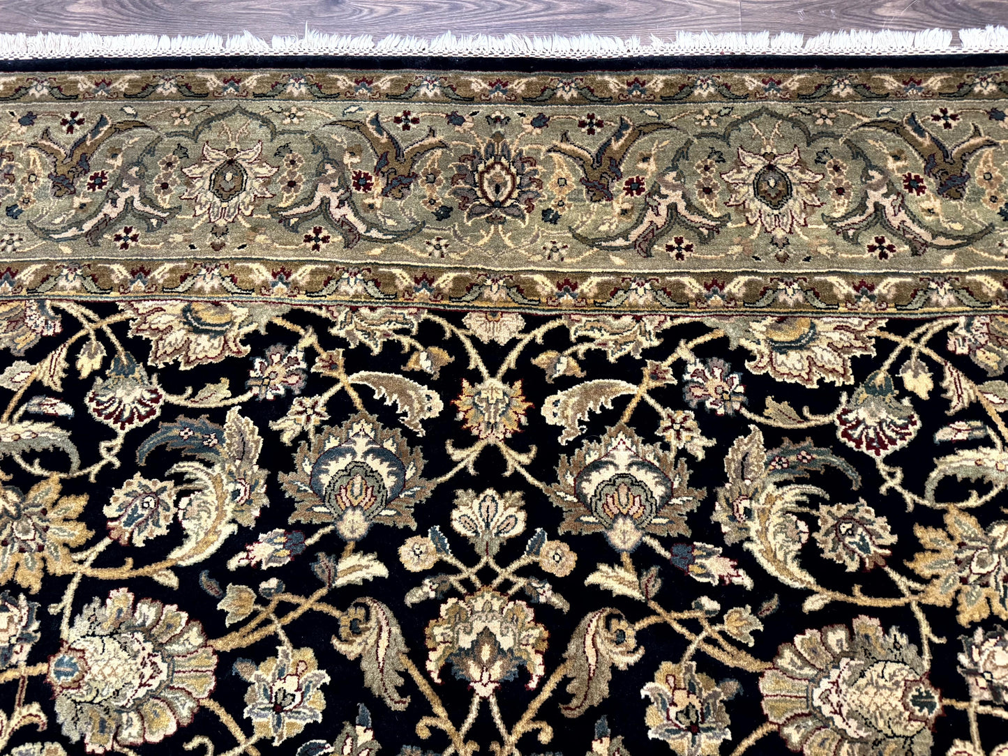 Indo Persian Rug 8x10, Black and Green, Wool, Handmade, Traditional, Floral Allover, Vintage - Nuvé