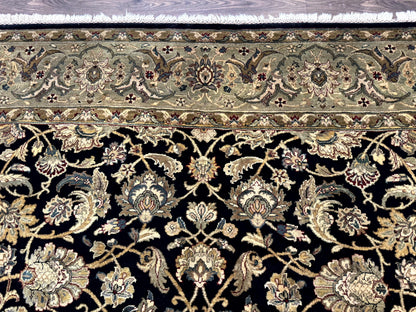 Indo Persian Rug 8x10, Black and Green, Wool, Handmade, Traditional, Floral Allover, Vintage - Nuvé