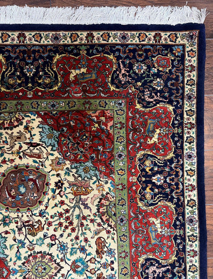 Wonderful Sino Persian Rug 6x10 with Animal Pictorial Motifs, Cream Dark Red Navy Blue, Birds Gazelles, Two Medallions, Top Quality Handmade - Nuvé