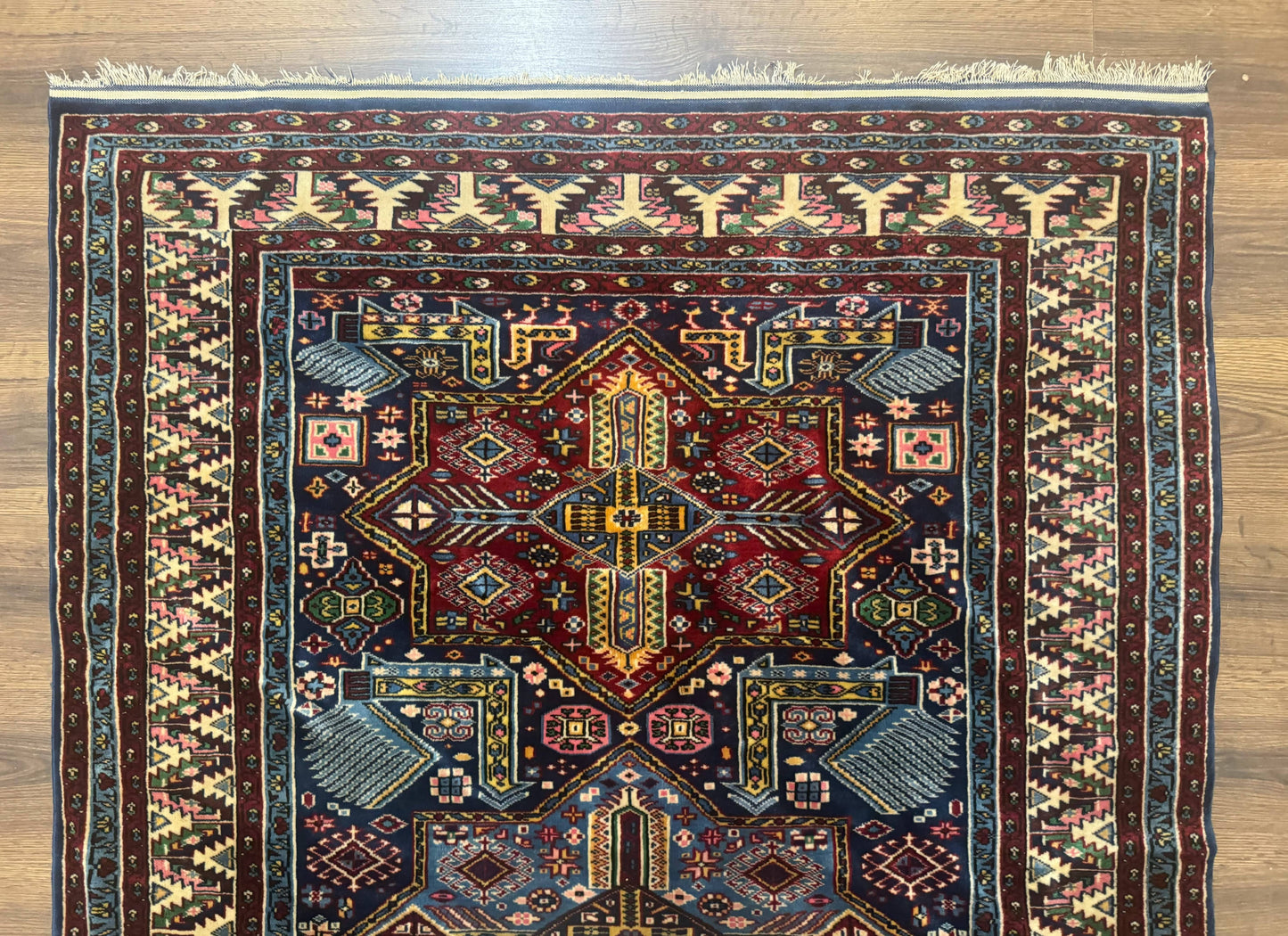 Indian Rug with Caucasian Design, 4x6 Geometric Carpet, Navy Blue and Cream - Nuvé