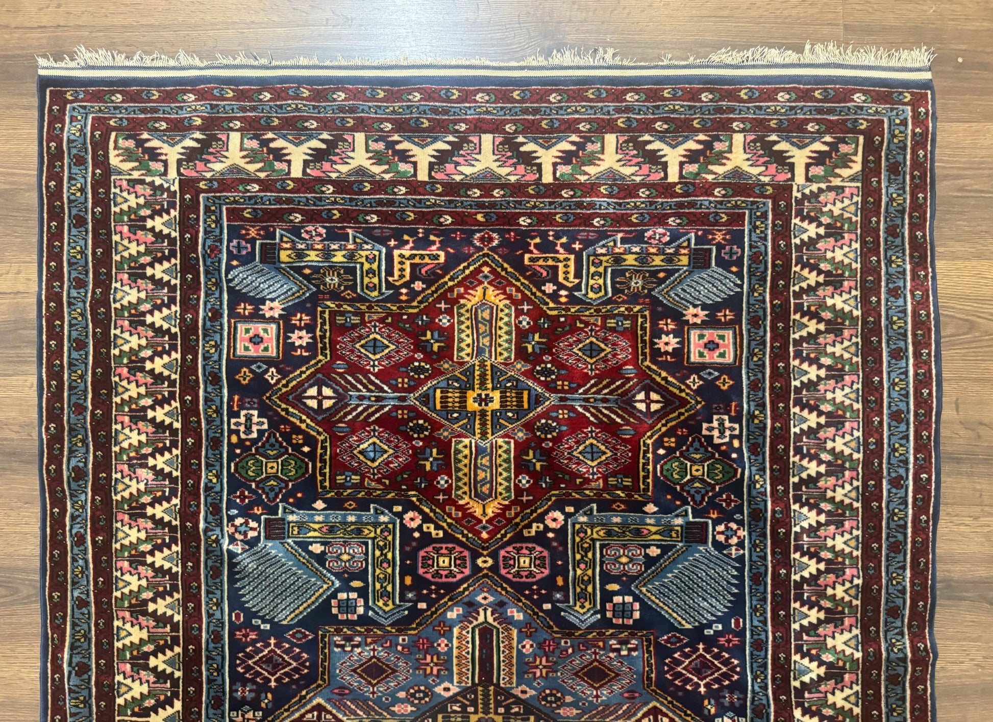 Indian Rug with Caucasian Design, 4x6 Geometric Carpet, Navy Blue and Cream - Nuvé