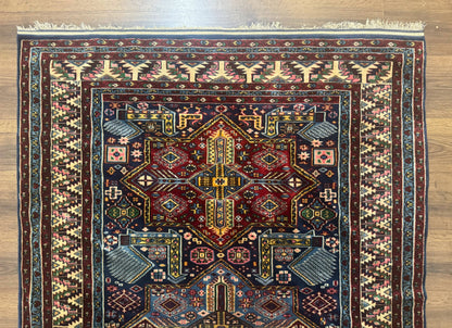 Indian Rug with Caucasian Design, 4x6 Geometric Carpet, Navy Blue and Cream - Nuvé