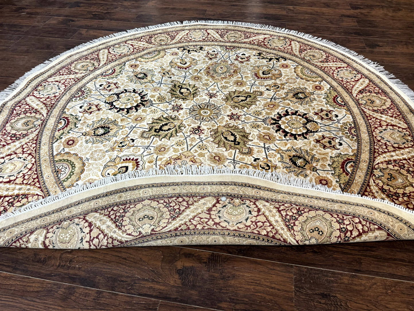 Round Pak Persian Rug 8x8, Vintage Handmade Wool Traditional Carpet, Beige Dark Red, Fine 270 KPSI - Nuvé