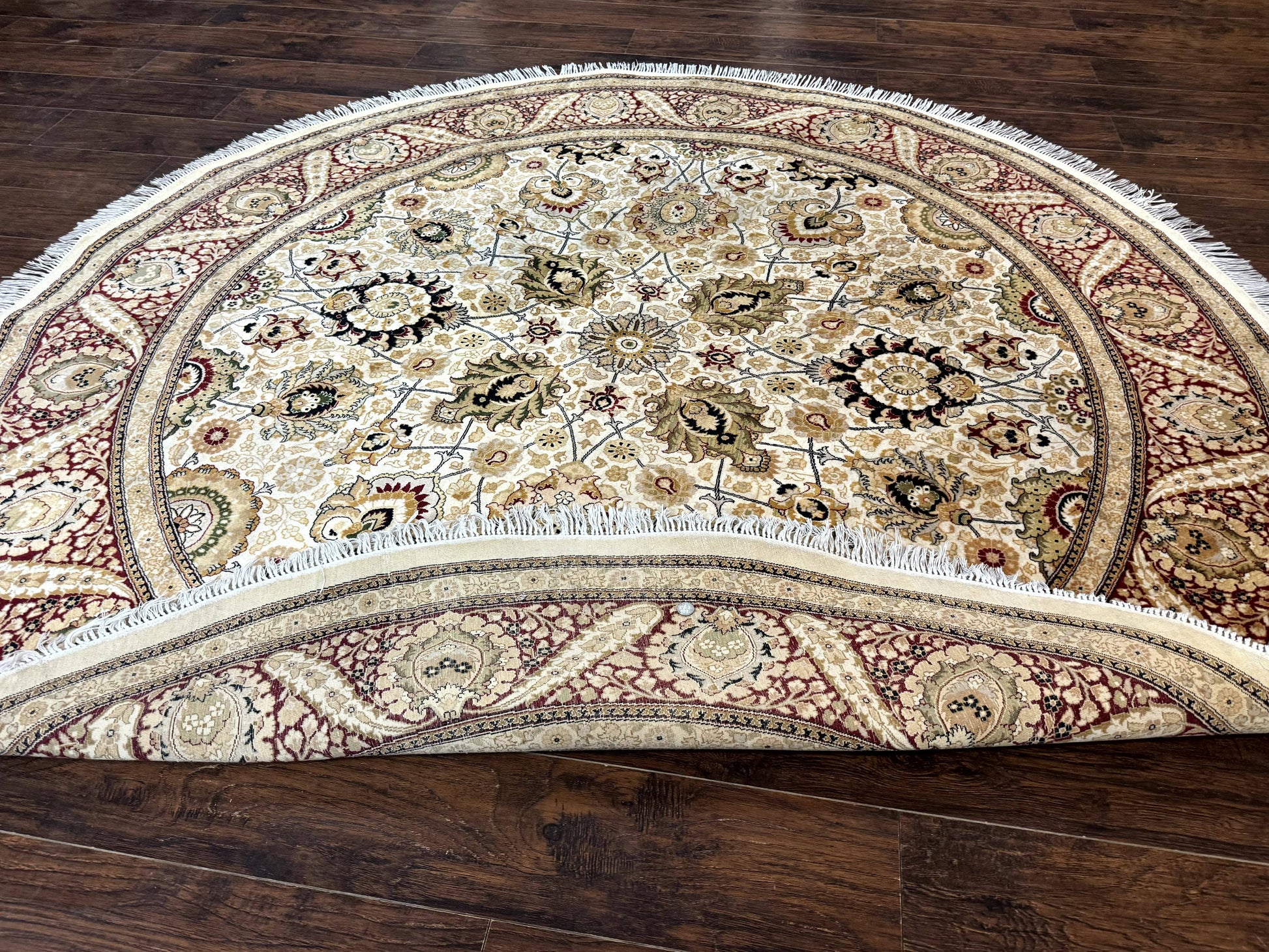 Round Pak Persian Rug 8x8, Vintage Handmade Wool Traditional Carpet, Beige Dark Red, Fine 270 KPSI - Nuvé