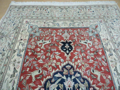 6' X 9' Vintage Handmade India Oriental Floral Wool Rug Hunting Bird Deer Nice - Nuvé
