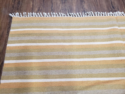 New Indian Kilim Area Rug, 6x8 - 7x8 South American Style Blanket, Striped Indian Wool Hand-Woven Flat Weave 6x9 Bedroom Rug, Ivory Ochre - Nuvé