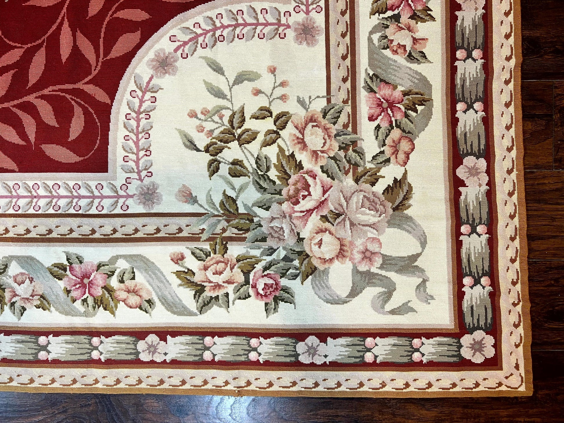 Wonderful Aubusson Rug 9x12, Handmade Vintage Needlepoint Carpet, Red and Ivory, Elegant European Design, Wool - Nuvé