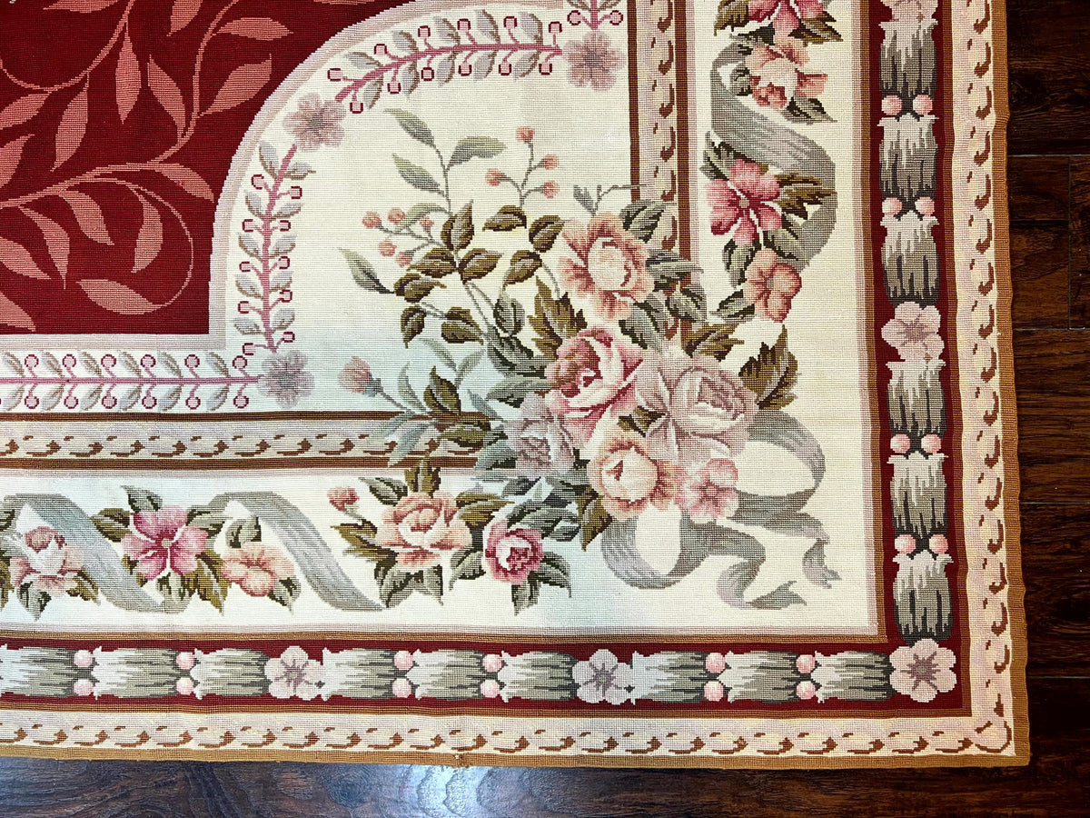 Wonderful Aubusson Rug 9x12, Handmade Vintage Needlepoint Carpet, Red and Ivory, Elegant European Design, Wool