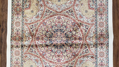 Persian Design Silk Accent Rug, Dome Medallion, Allover Pattern Oriental Carpet, Small Silk Rug, Cream, Ivory, Bamboo Silk, 2' 8" x 4' 1" - Nuvé