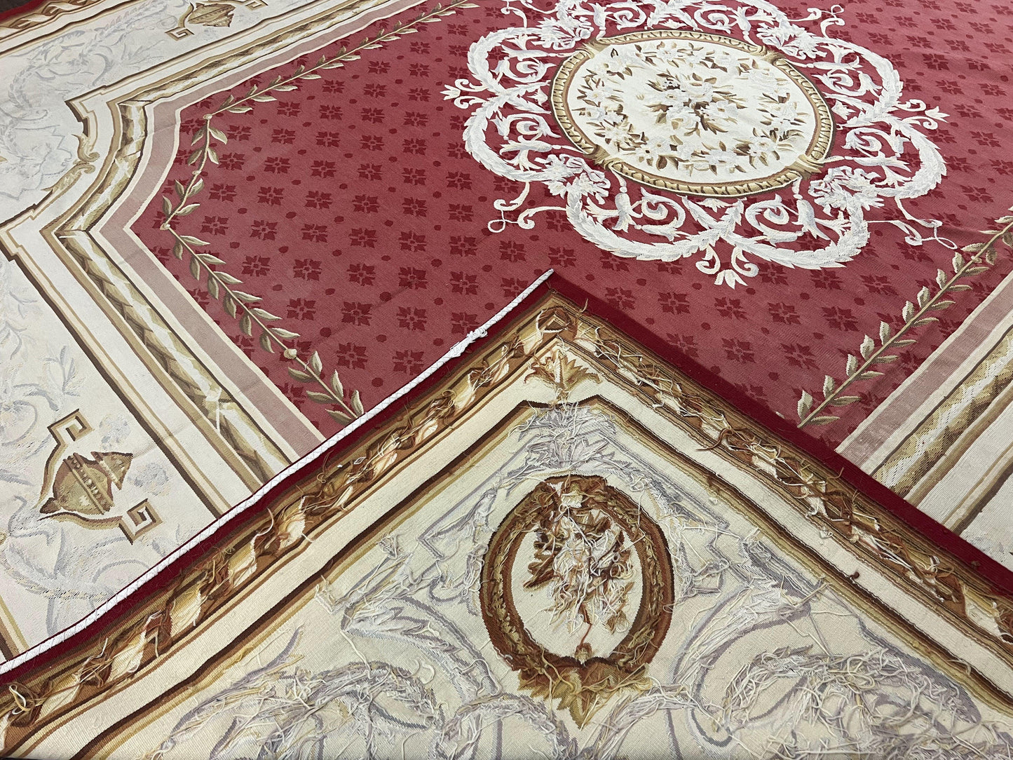 Aubusson Rug 9x12 ft, Red and Ivory Elegant Aubusson Carpet, Flatweave, Vintage Wool Handmade Area Rug 9 x 12, French European Design - Nuvé