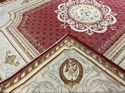 Aubusson Rug 9x12 ft, Red and Ivory Elegant Aubusson Carpet, Flatweave, Vintage Wool Handmade Area Rug 9 x 12, French European Design - Nuvé