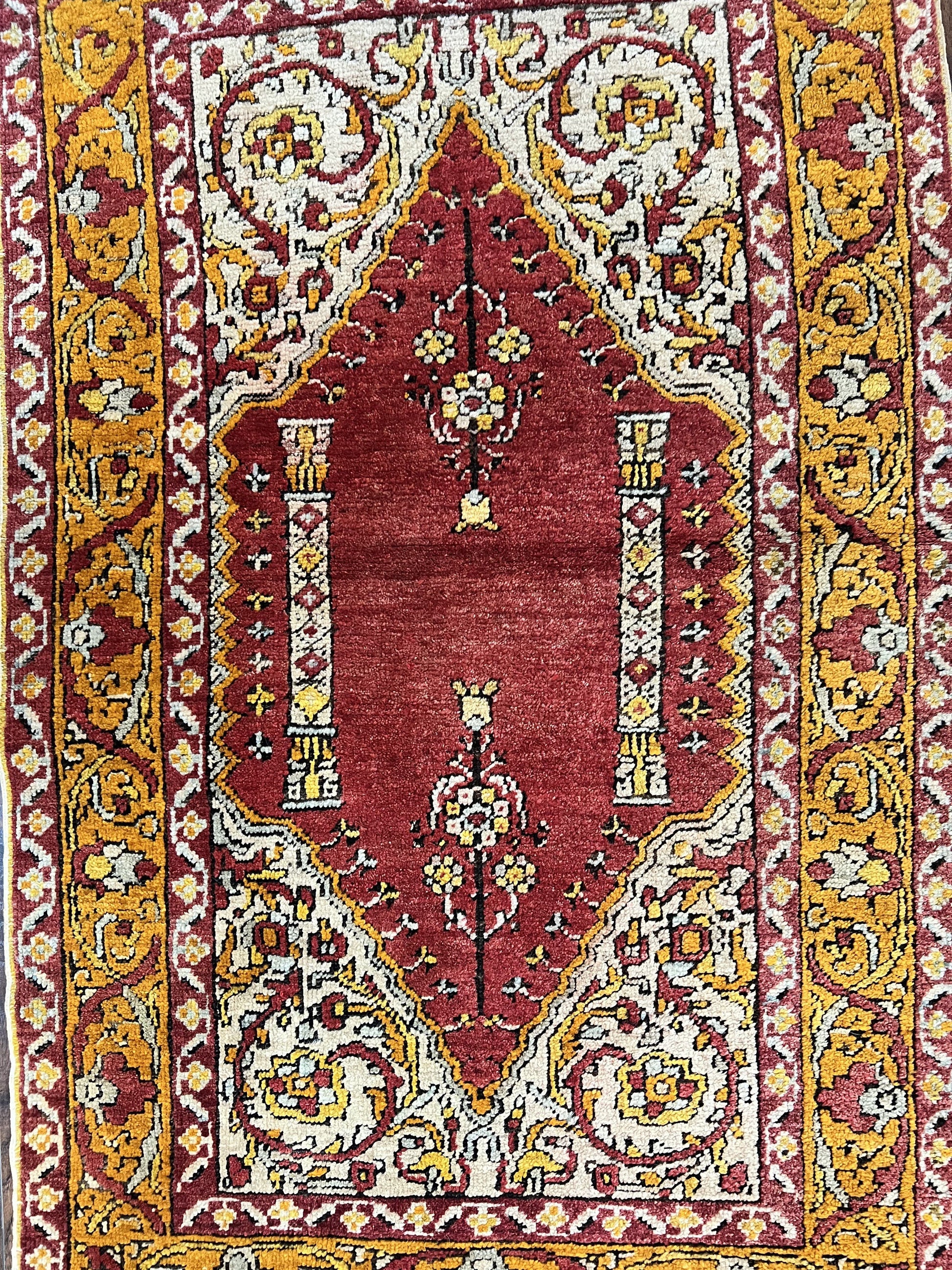 Antique Turkish Prayer Rug 3x5, Hand Knotted Turkish Melas Oushak Wool Carpet, Mehrab Rug, Orange & Red Vintage Rug 3 x 5 Collectible - Nuvé
