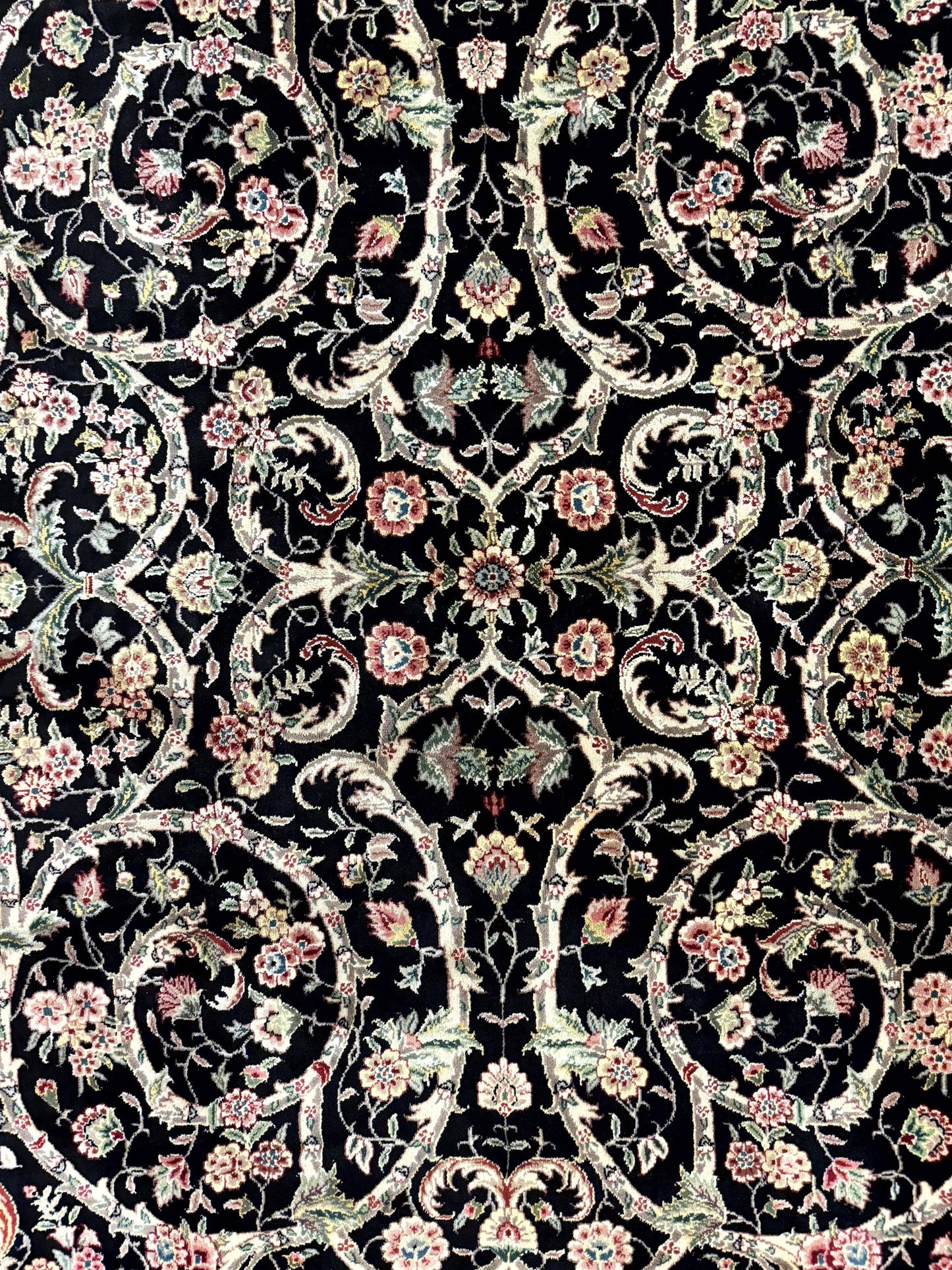 Black Pak Persian Rug 8x11, Floral Pattern, Hand Knotted Vintage Wool Rug with Silk Highlights, Fine 200 KPSI - Nuvé