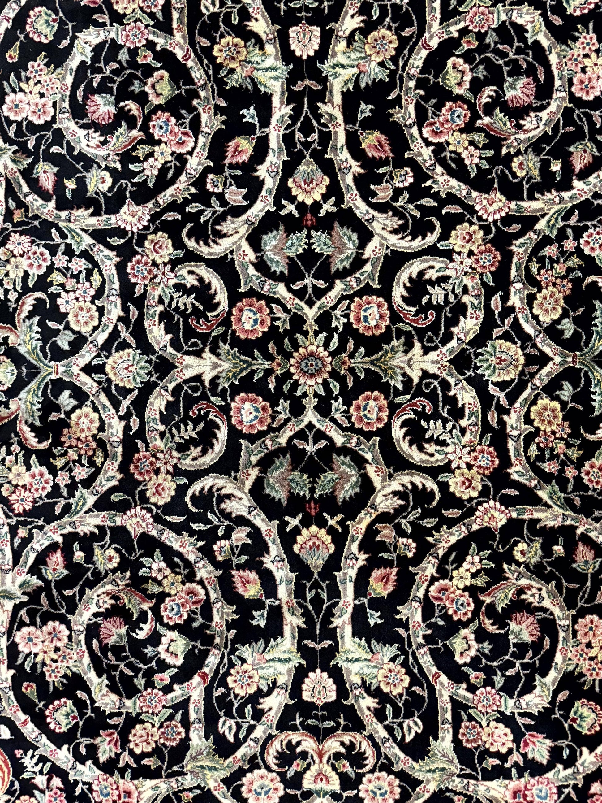 Black Pak Persian Rug 8x11, Floral Pattern, Hand Knotted Vintage Wool Rug with Silk Highlights, Fine 200 KPSI - Nuvé