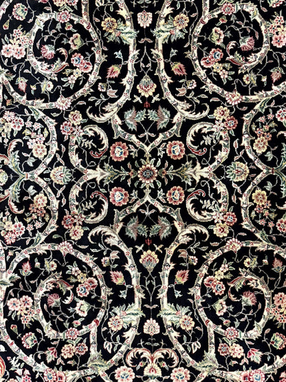 Black Pak Persian Rug 8x11, Floral Pattern, Hand Knotted Vintage Wool Rug with Silk Highlights, Fine 200 KPSI - Nuvé