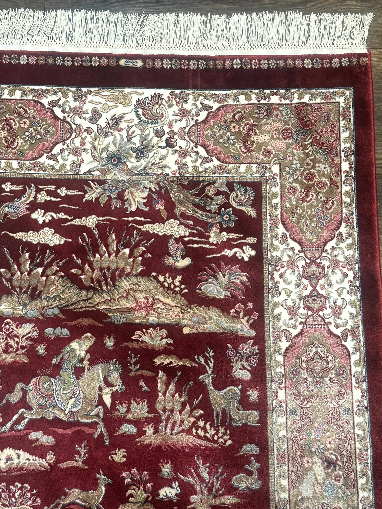 Turkish Silk Rug 3x5, Hunting Design, Dark Red & Ivory, Bamboo Silk, New - Nuvé