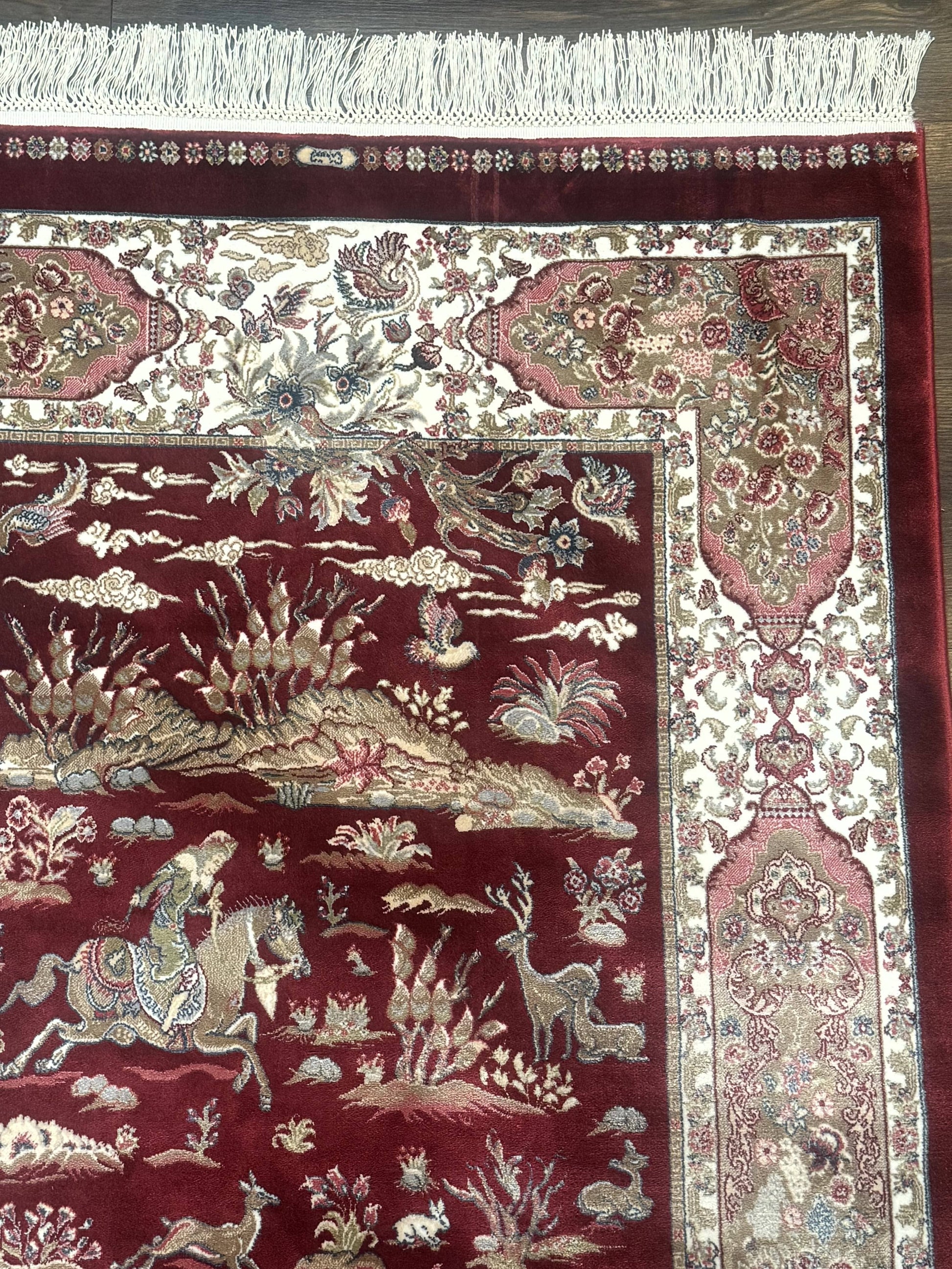 Turkish Silk Rug 3x5, Hunting Design, Dark Red & Ivory, Bamboo Silk, New - Nuvé