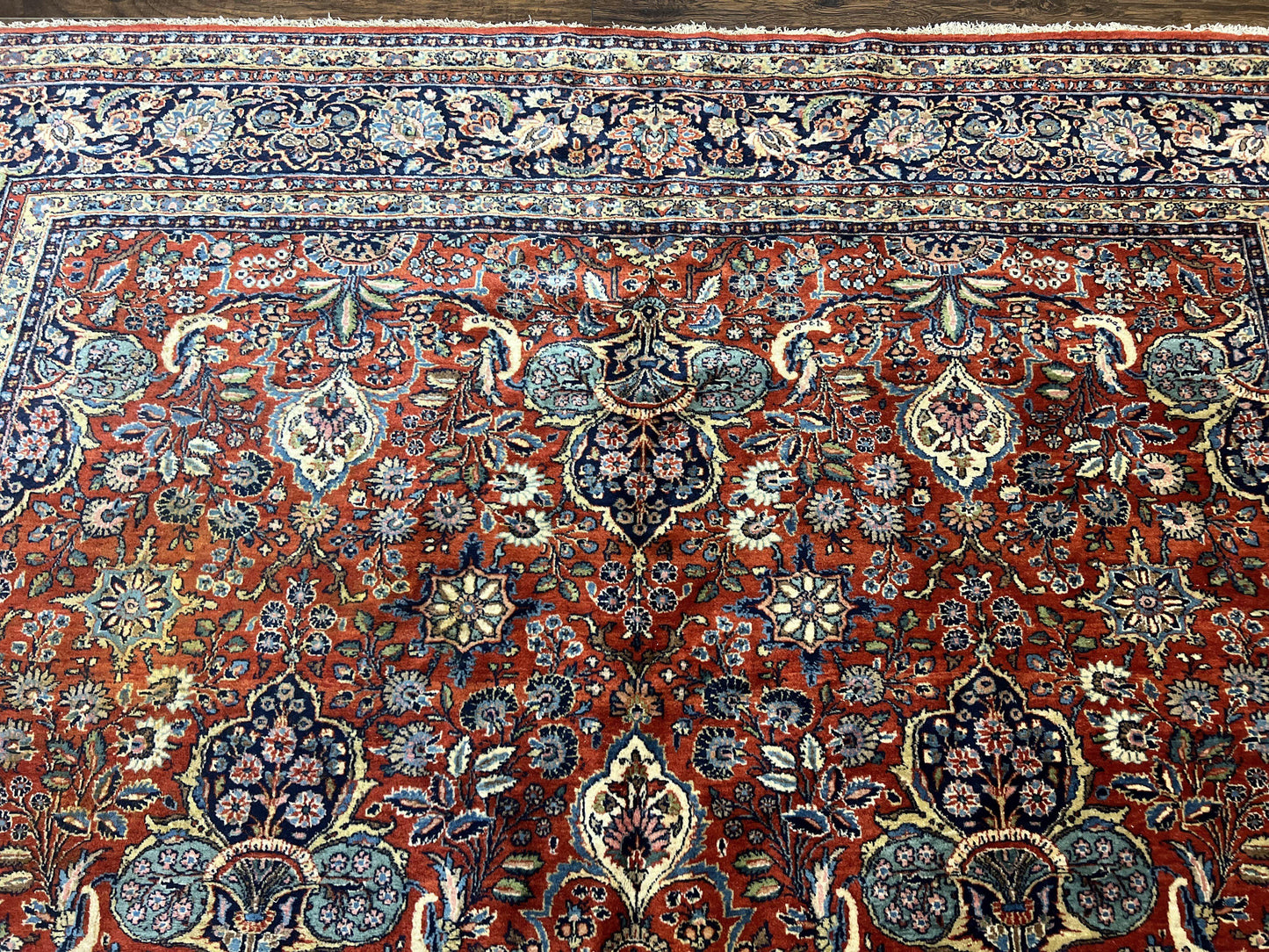 Persian Sarouk Rug 9x12, Red and Dark Blue Floral Allover Antique Persian Carpet, Handmade Wool Qazvin Rug - Nuvé