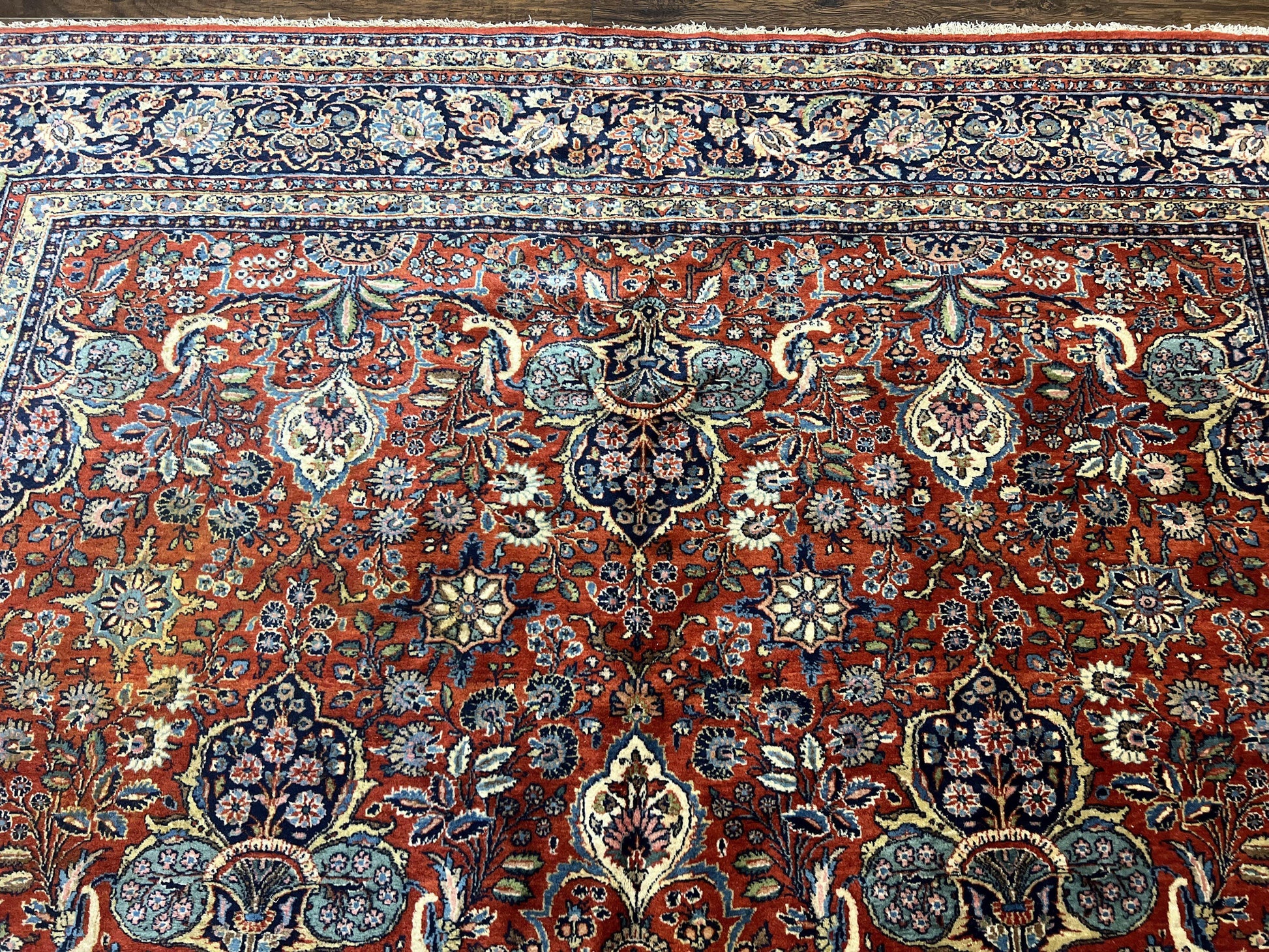 Persian Sarouk Rug 9x12, Red and Dark Blue Floral Allover Antique Persian Carpet, Handmade Wool Qazvin Rug - Nuvé