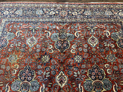 Persian Sarouk Rug 9x12, Red and Dark Blue Floral Allover Antique Persian Carpet, Handmade Wool Qazvin Rug - Nuvé