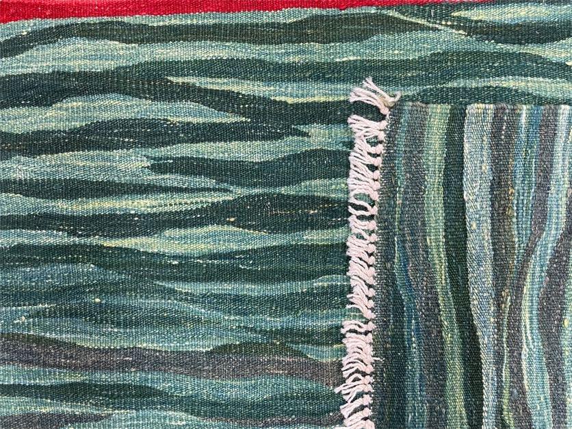 Sea Green Kilim Area Rug, White Blue Red Stripes, Russian Flag Rug, Flatweave Hand Knotted Carpet, Turkish Carpet, Wool, New, 5' 6" x 7' 10" - Nuvé