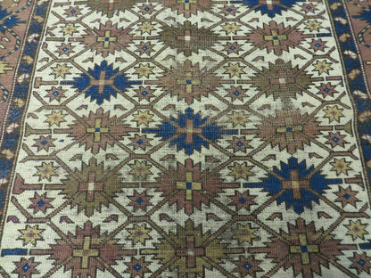 4' X 5' Antique Handmade Caucasian Kazak Shirvan Wool Rug Snow Flakes - Nuvé