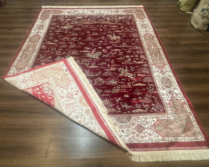 Turkish Silk Rug 8x10, Red & Ivory, Hunting Design, Bamboo Silk, New