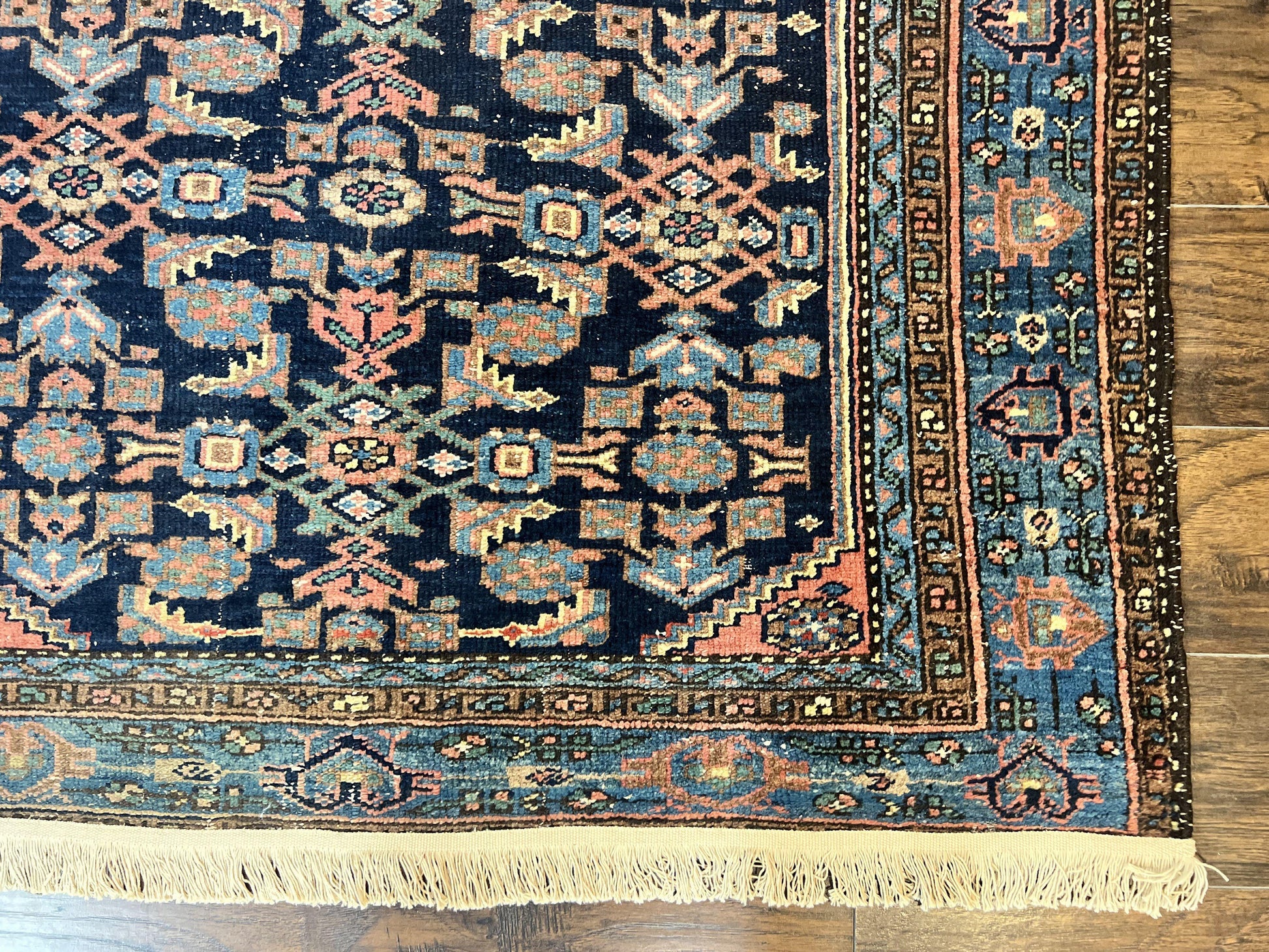Antique Persian Tribal Rug 5x7, Navy Blue & Pink, Hand Knotted Handmade 1920s Wool Rug, Allover Pattern, Persian Hamadan Rug - Nuvé