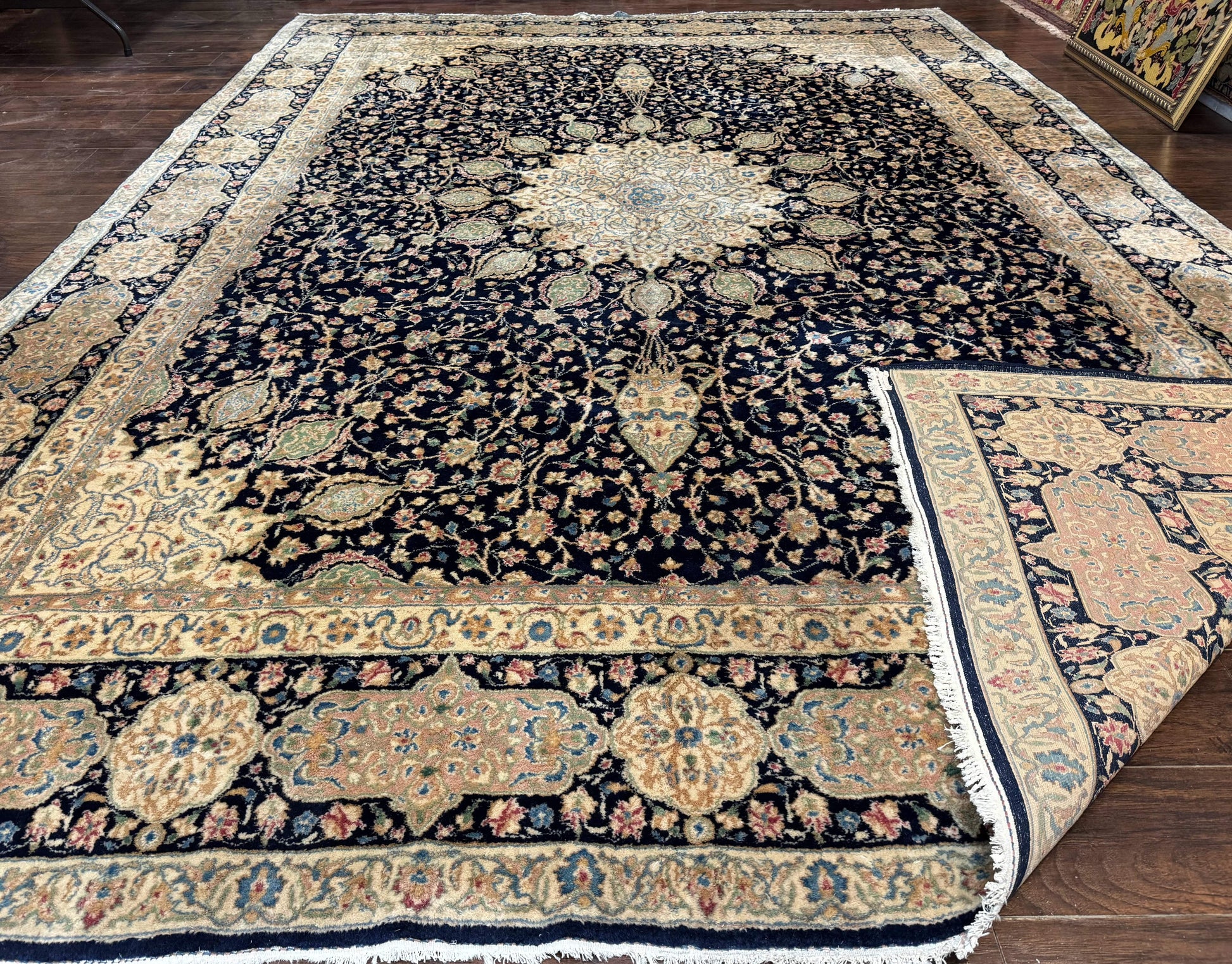 Large Persian Kerman Rug 10x14, Navy Blue and Beige, Floral Medallion, Traditional Elegant Persian Carpet, Signed by Masterweaver - Nuvé