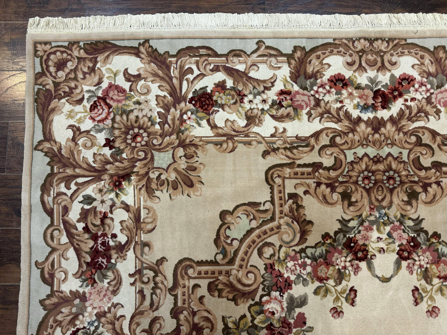 Aubusson Rug 8x12, European French Savonnerie Design, Thick Wool Pile, Elegant Rug, Cream Beige Light Green - Nuvé