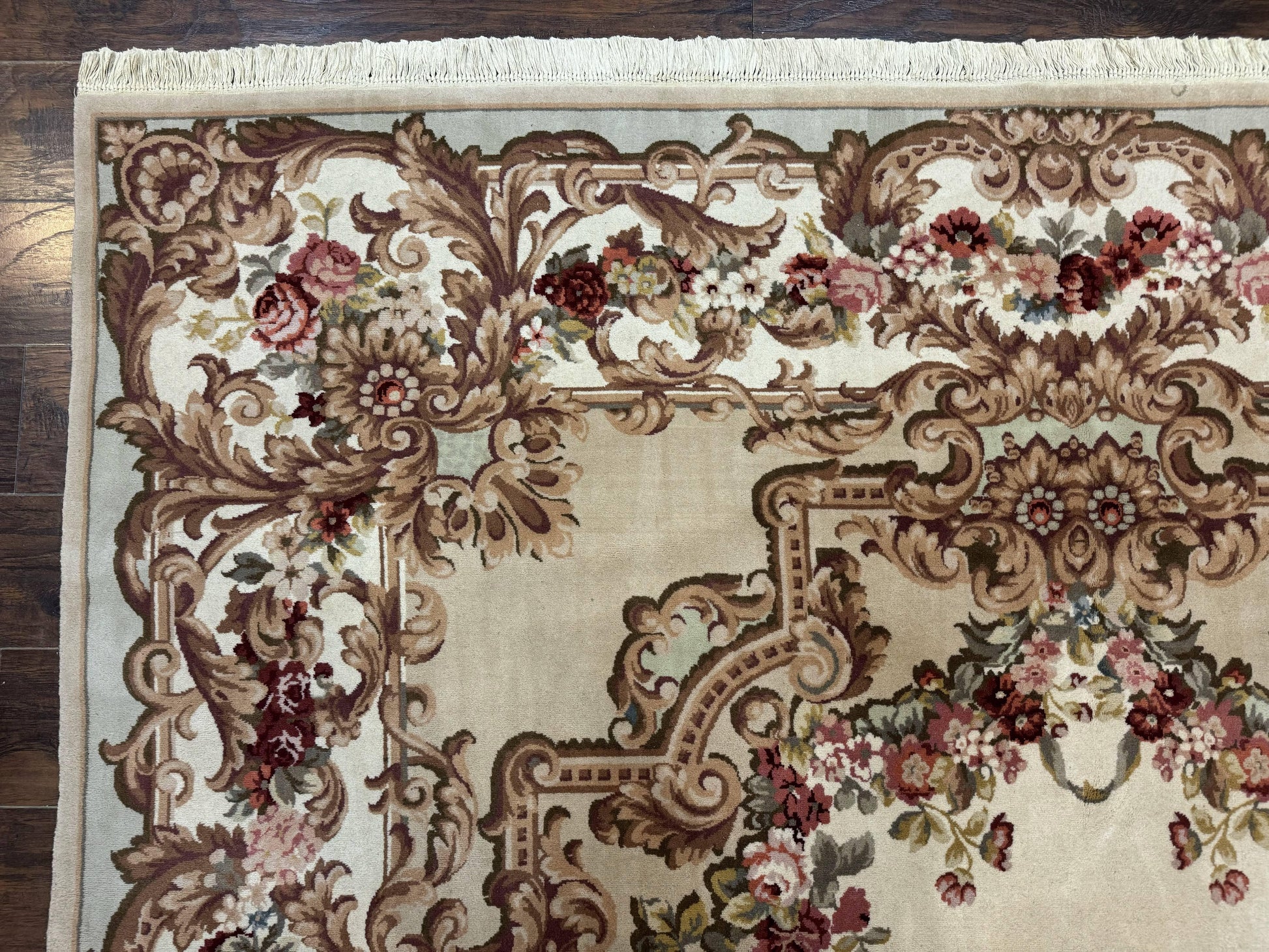 Aubusson Rug 8x12, European French Savonnerie Design, Thick Wool Pile, Elegant Rug, Cream Beige Light Green - Nuvé